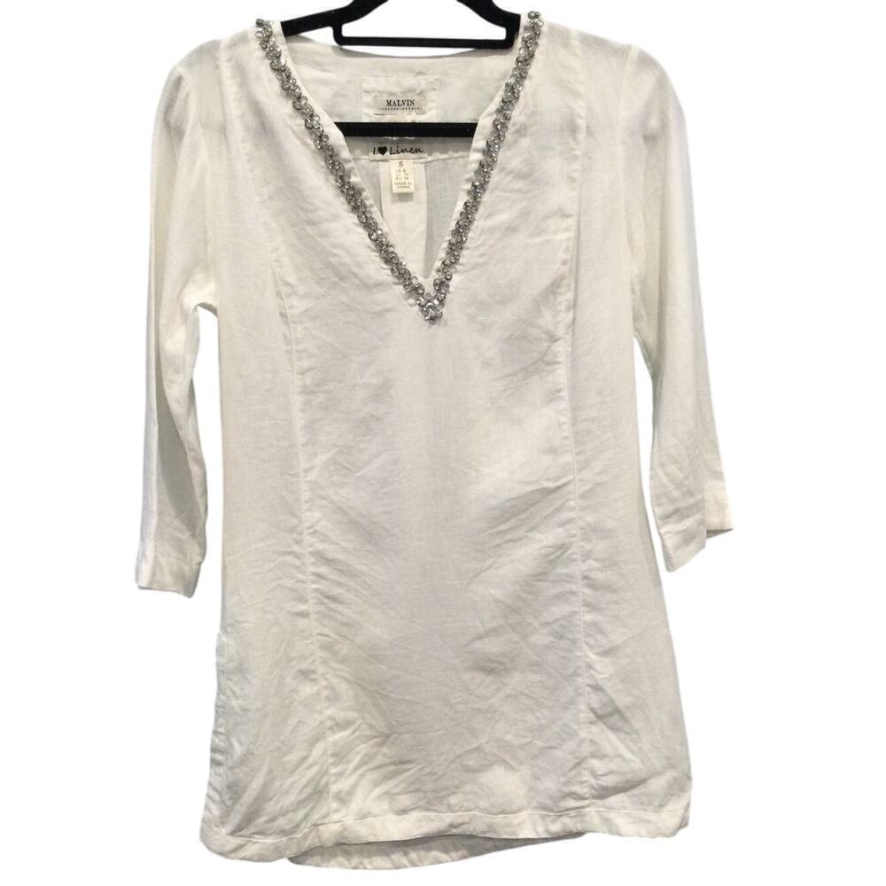 Malvin Womens Linen Tunic Top Size S Rhinestone White‎ Coastal Beachy Lagenlook